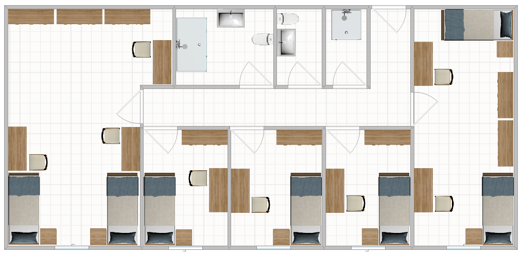 Sinatra Hall Double, Single and Triple room layouts with bed locations and desk locations as well as showcasing shared bathrooms.