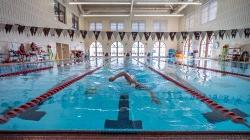 Shot of the indoor pool with a swimmer coming towards you