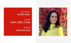 On the left, a portrait of Laura Quiros. On the right, a list of event details that can be located on this page.